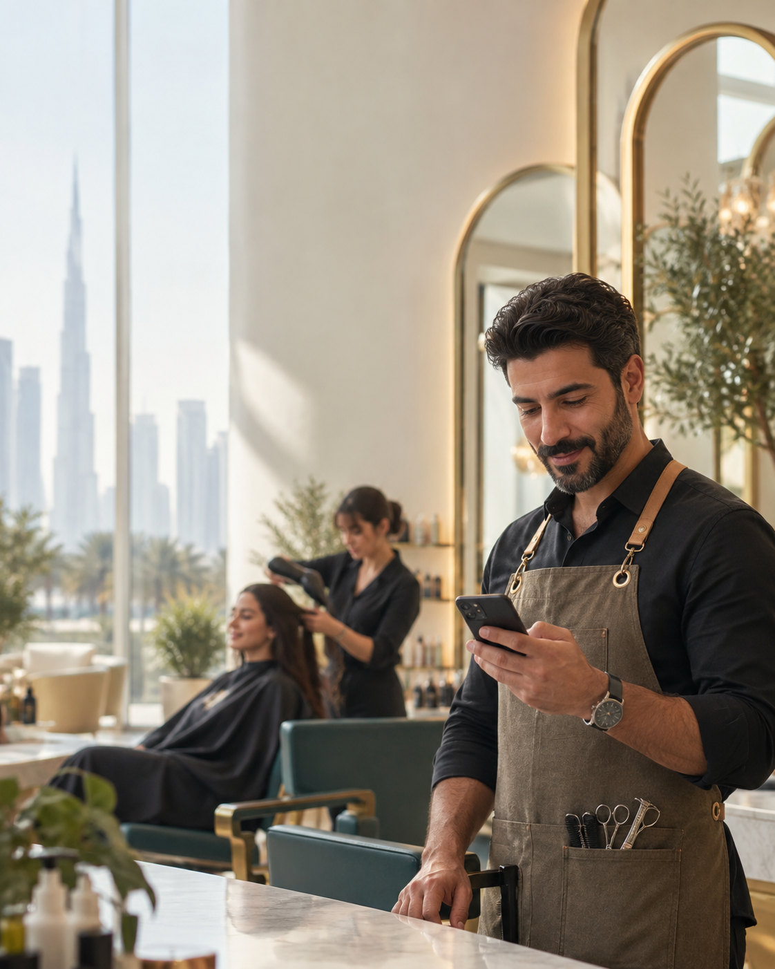 A barber checking booking messages while a client is in the chair