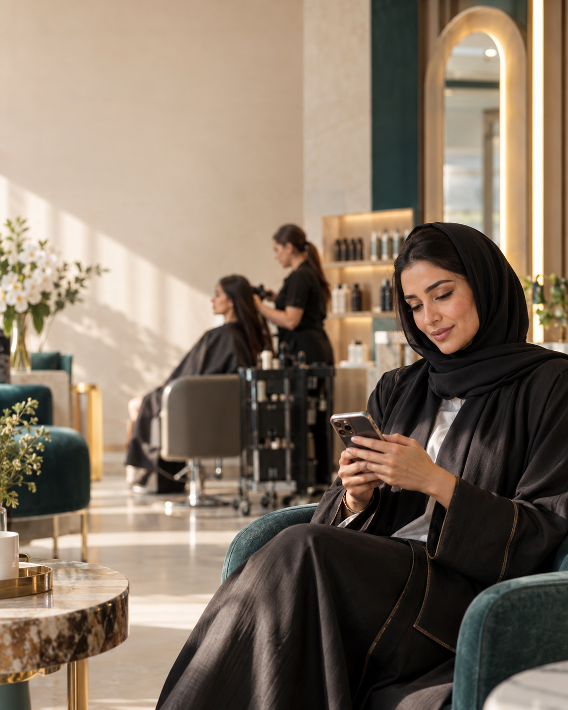 A salon owner checking booking messages while her team cares for a client